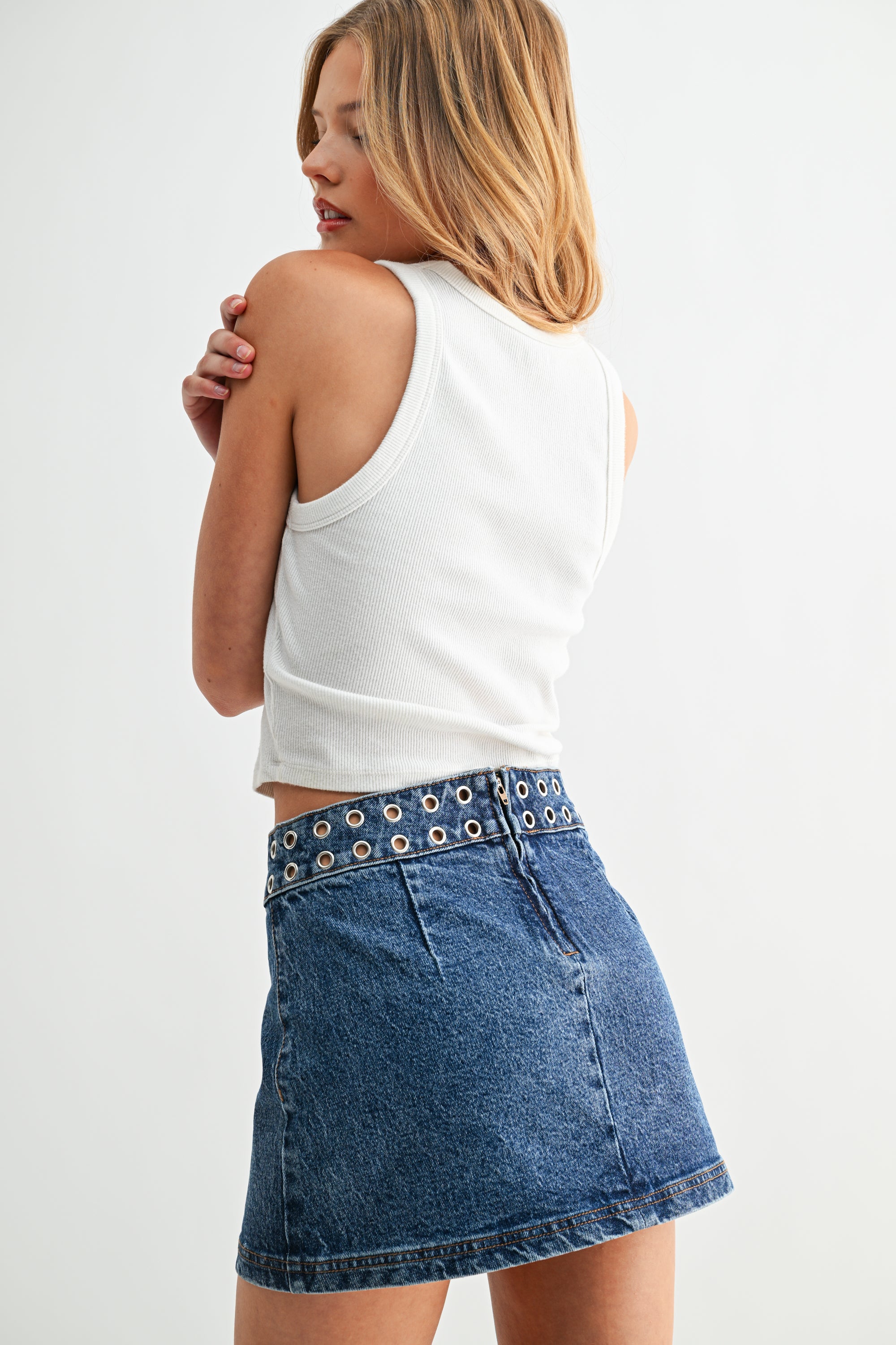 The Orbit Mid-Rise Denim Mini Skirt | Jemina Denim