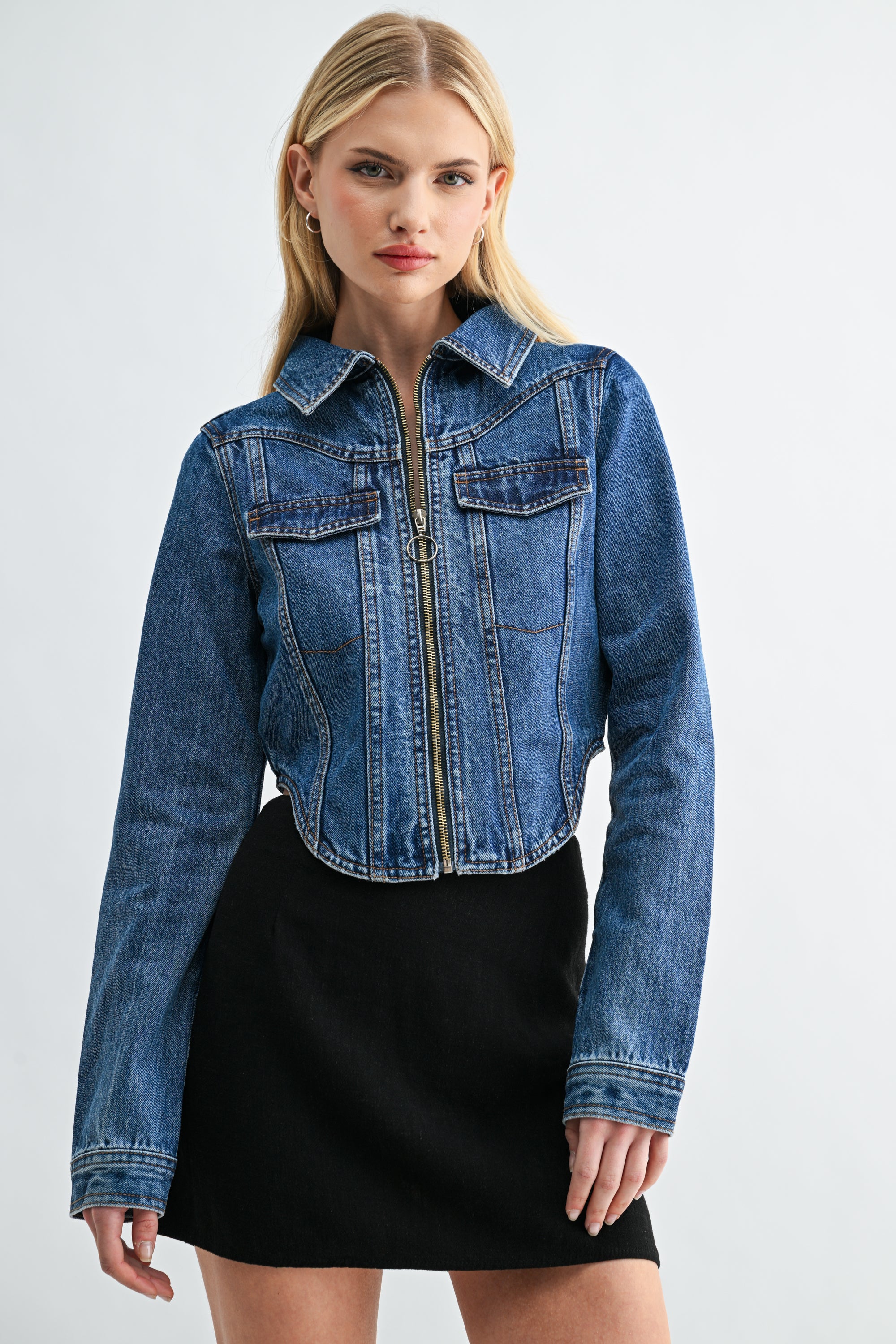 The Kylie Cropped Dark Wash Denim Zip-Front Jacket
