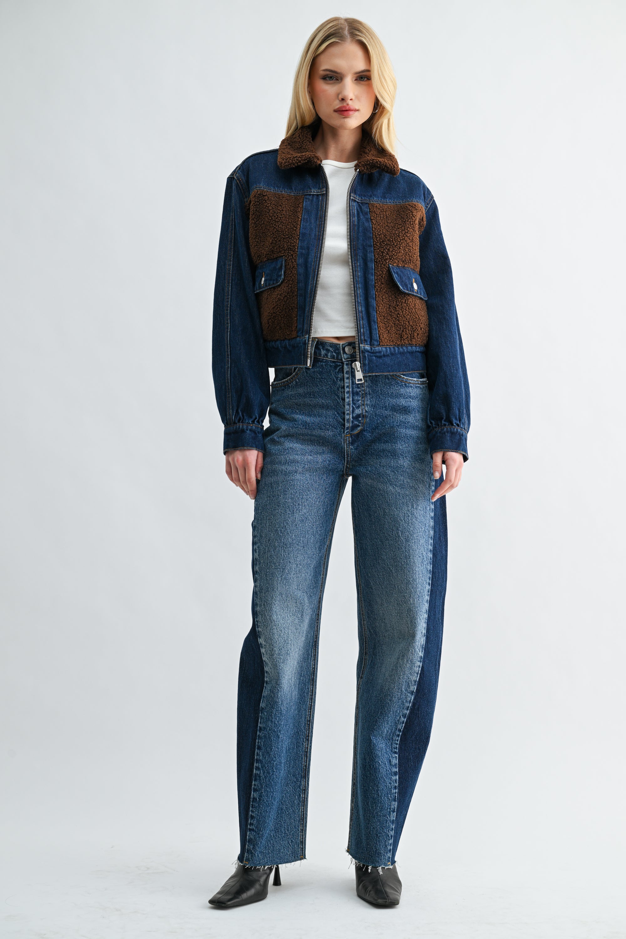 Two-Tone Dark Wash Sherpa Denim Jacket