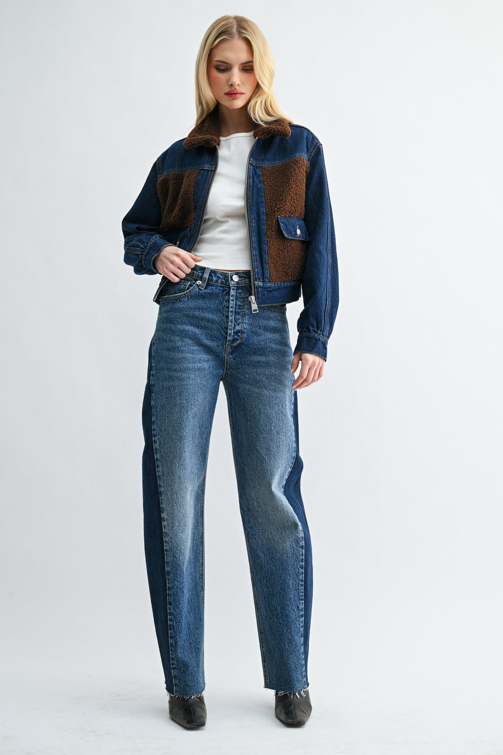 Two-Tone Dark Wash Sherpa Denim Jacket