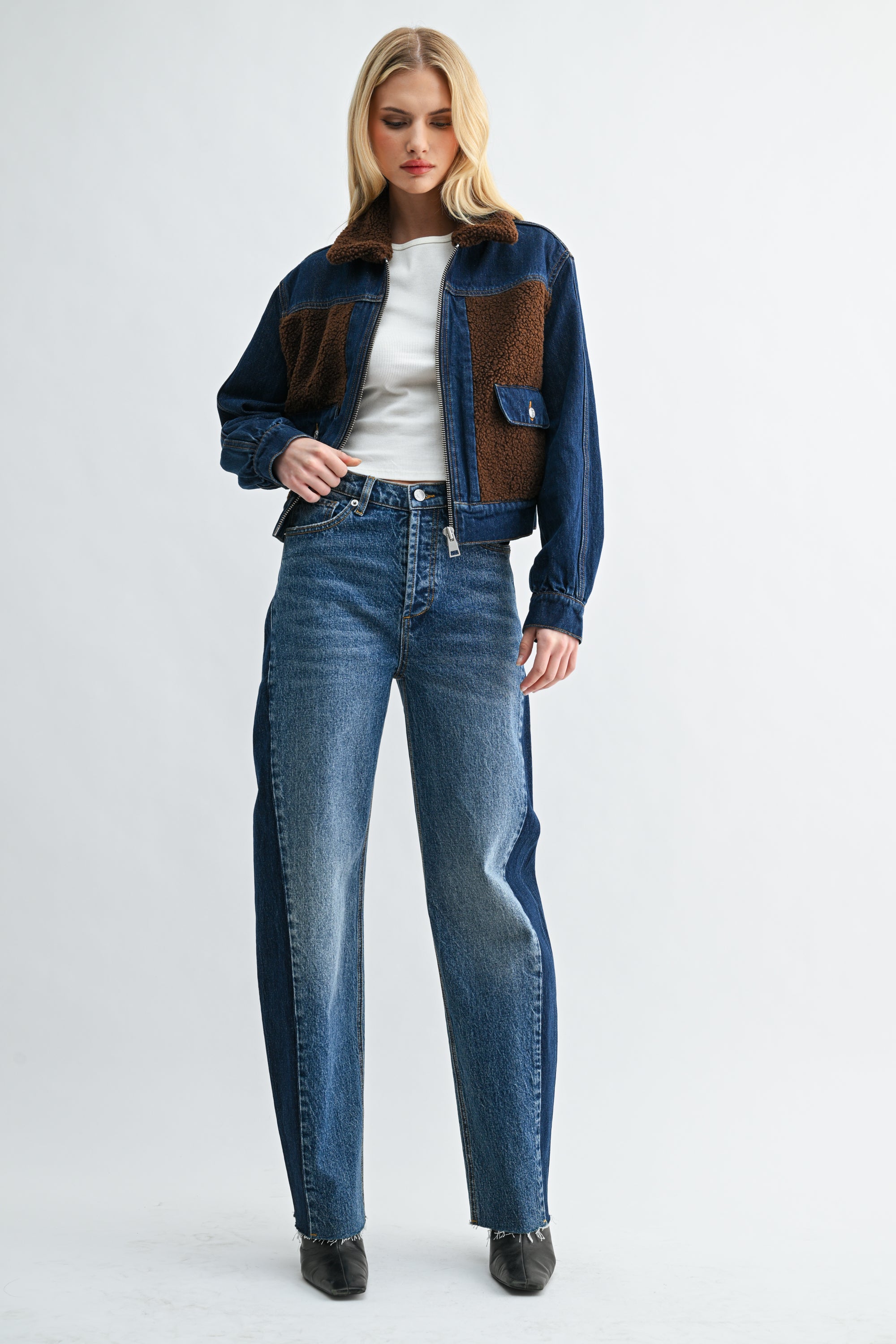 Two-Tone Dark Wash Sherpa Denim Jacket
