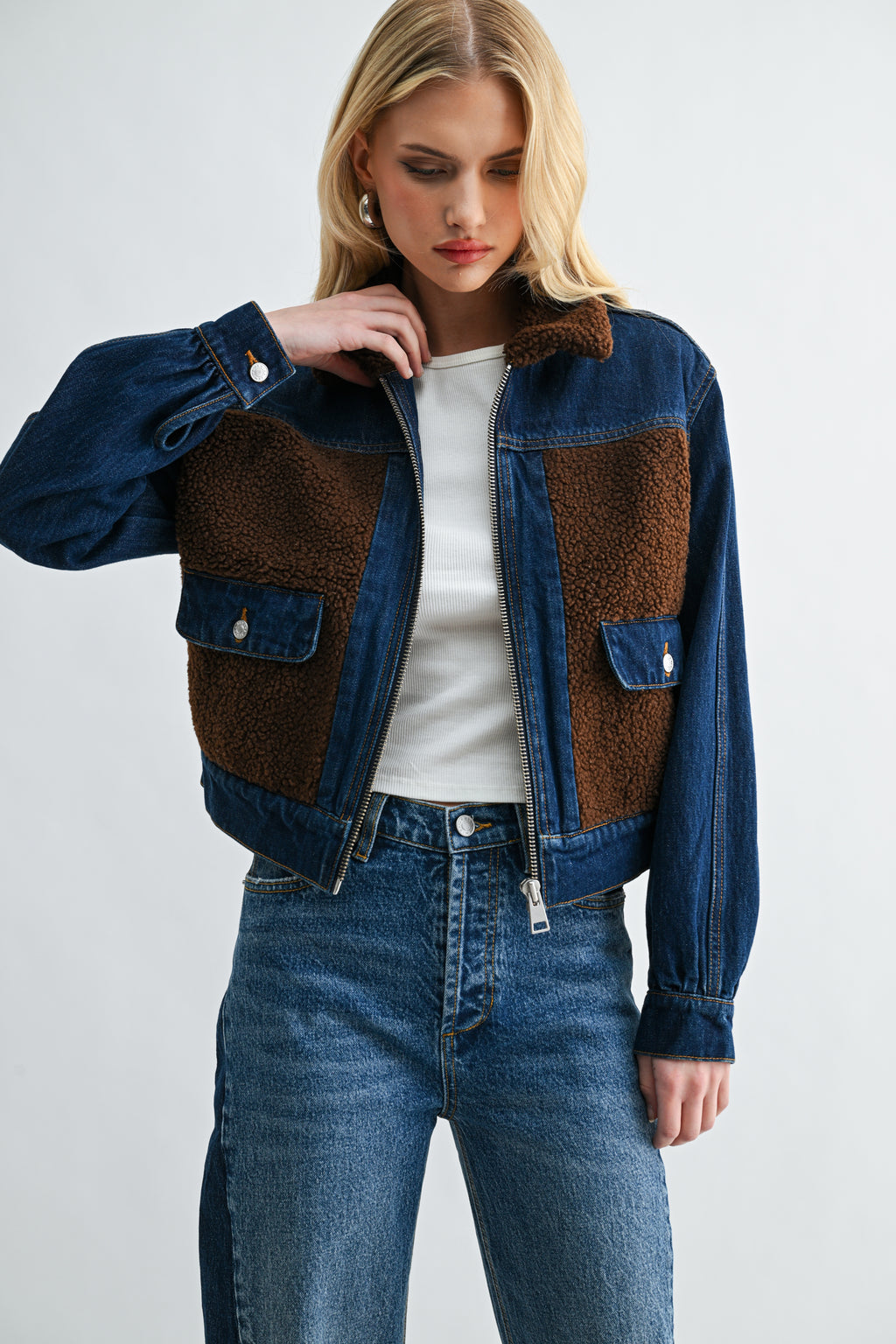 Two-Tone Dark Wash Sherpa Denim Jacket