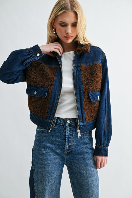 Two-Tone Dark Wash Sherpa Denim Jacket