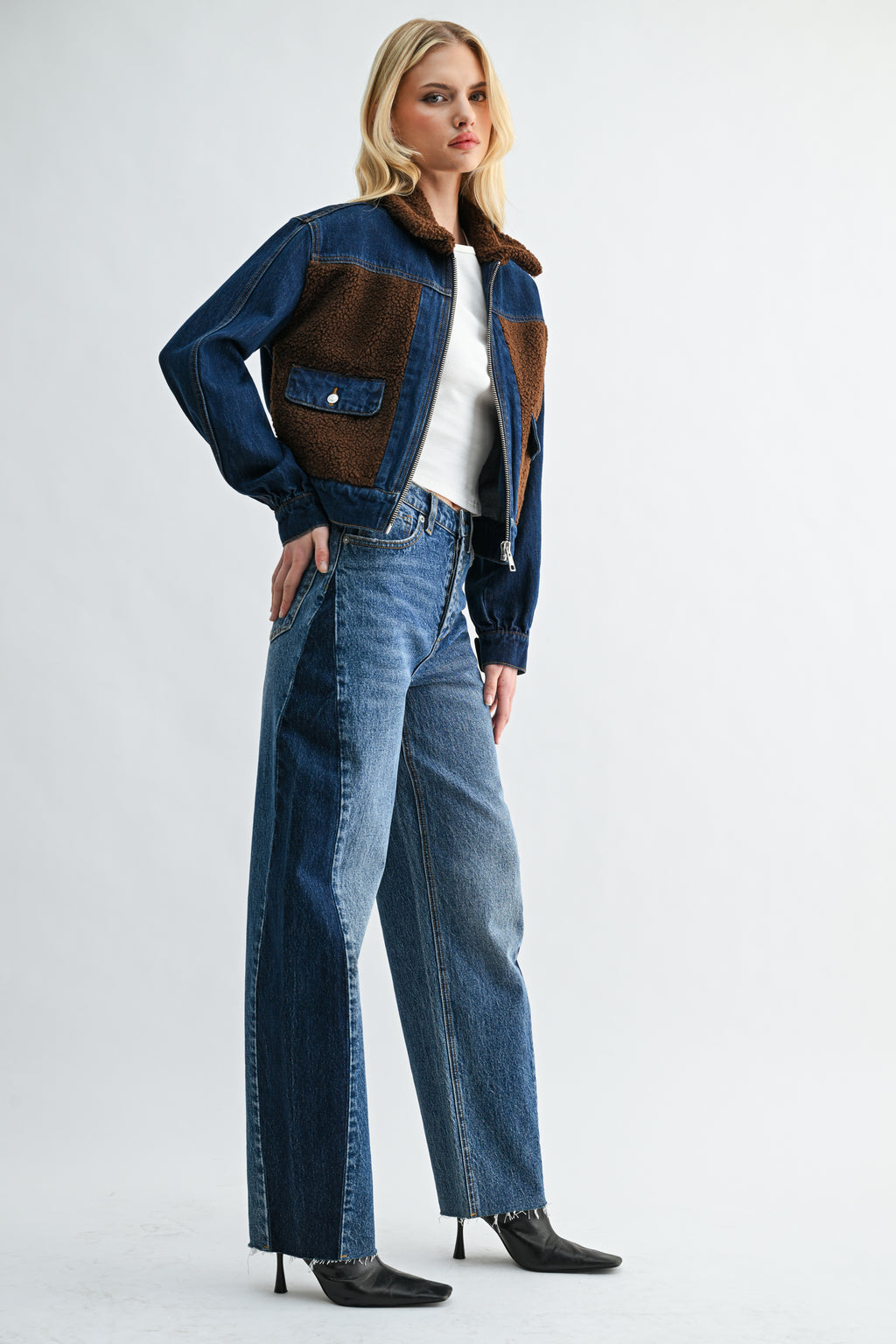 Two-Tone Dark Wash Sherpa Denim Jacket