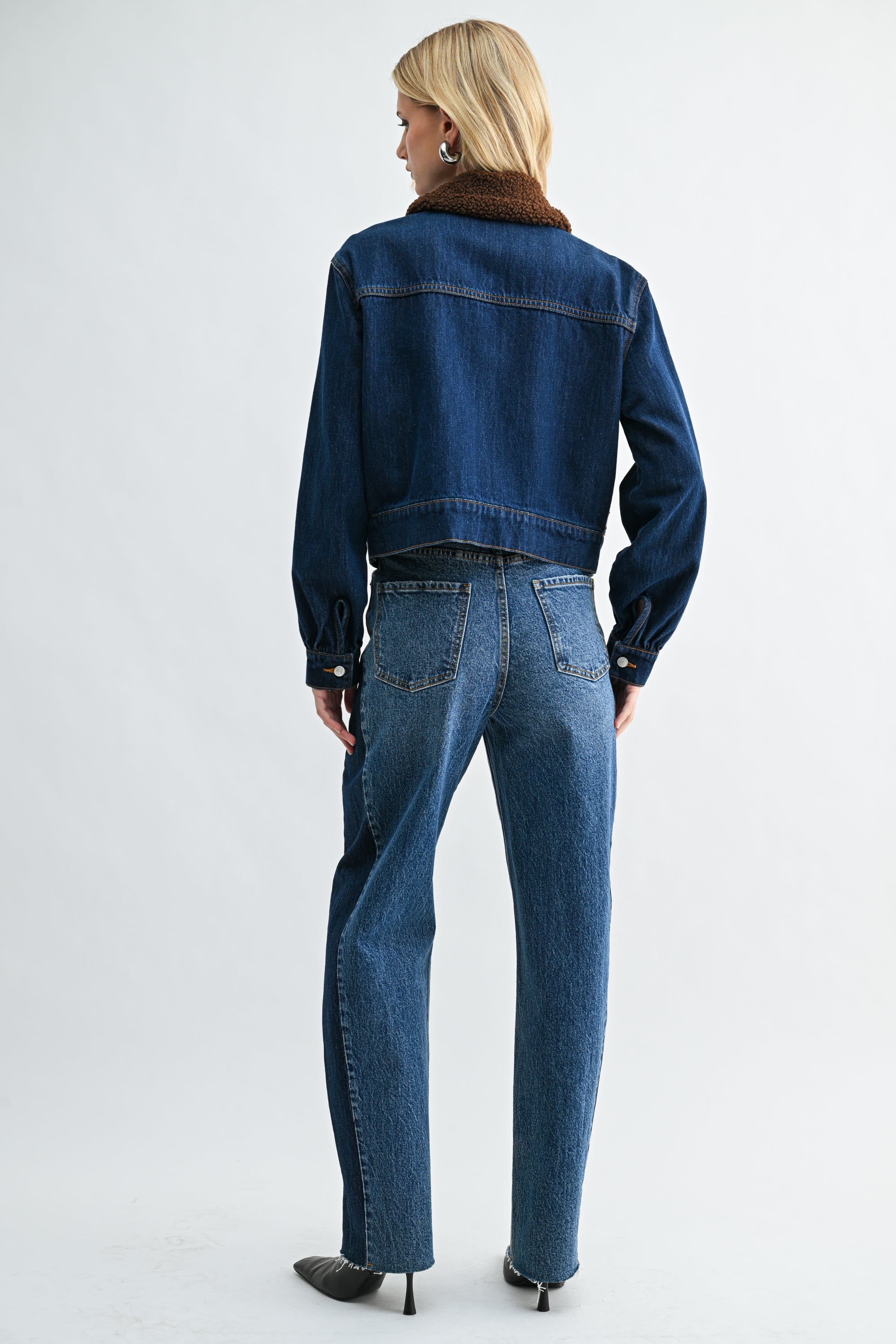 Two-Tone Dark Wash Sherpa Denim Jacket