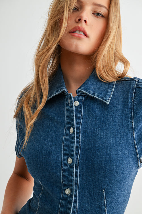 Seamed Tailored Denim Button-Down Shirt