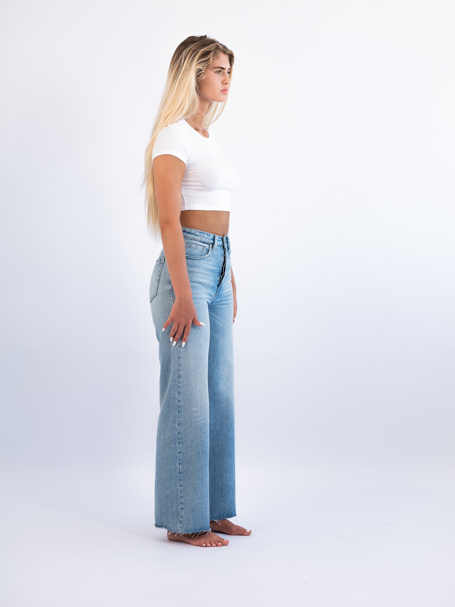 High Waisted 100% Cotton Denim Wide Leg Pant in Light Wash