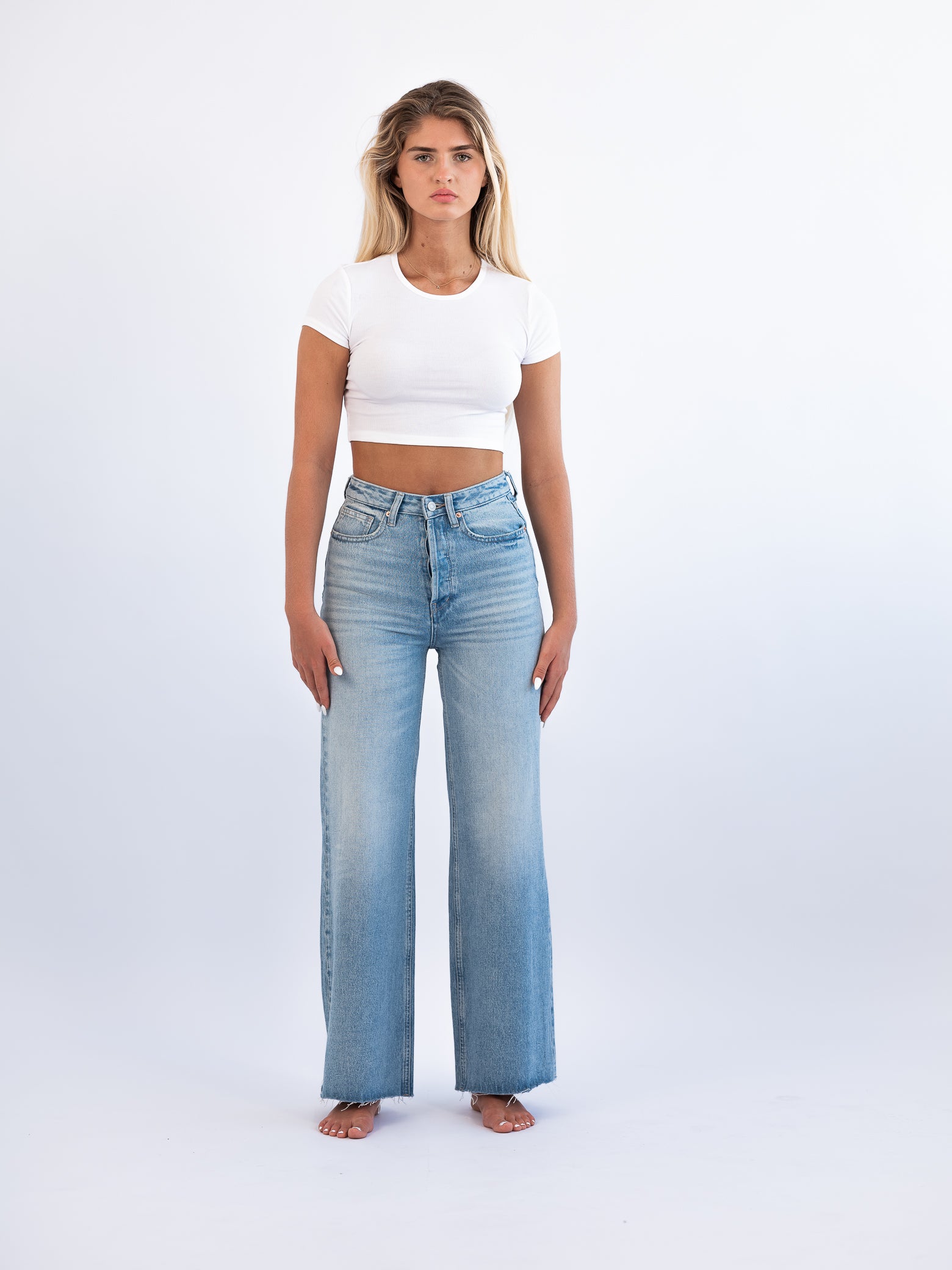 High Waisted Light Wash Wide Leg Denim Pant in Eco-Friendly wash for women