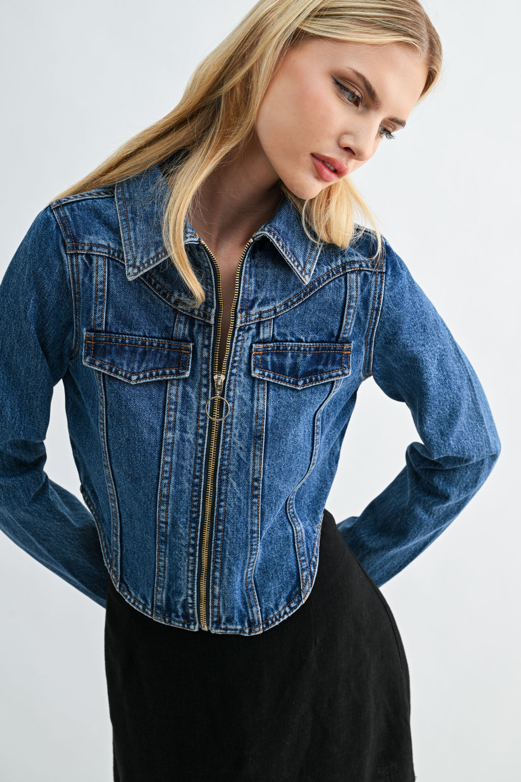 Jemina Denim Cropped Zip-Front Denim Jacket dark wash cropped hem side view