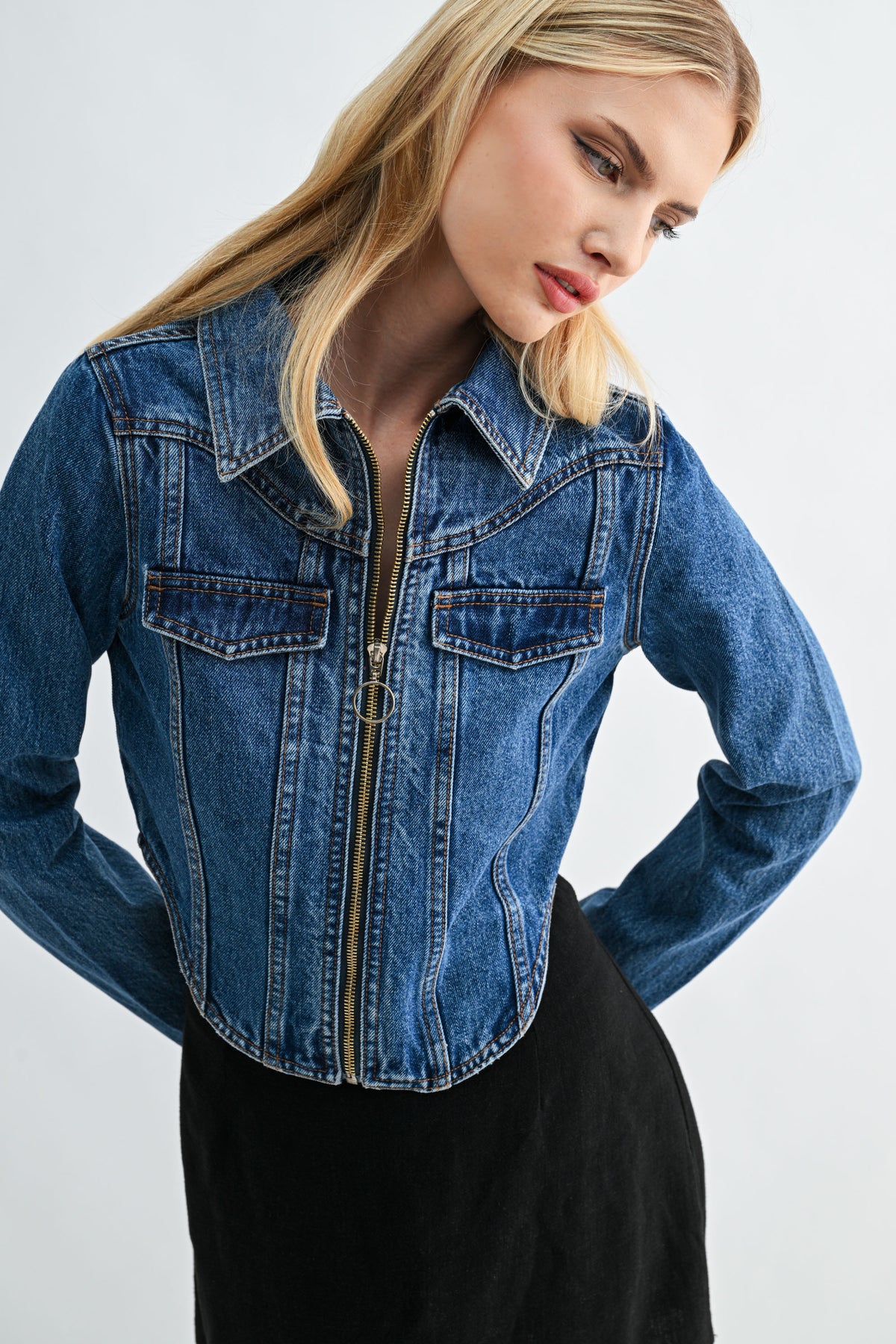 The Kylie Cropped Dark Wash Denim Zip-Front Jacket