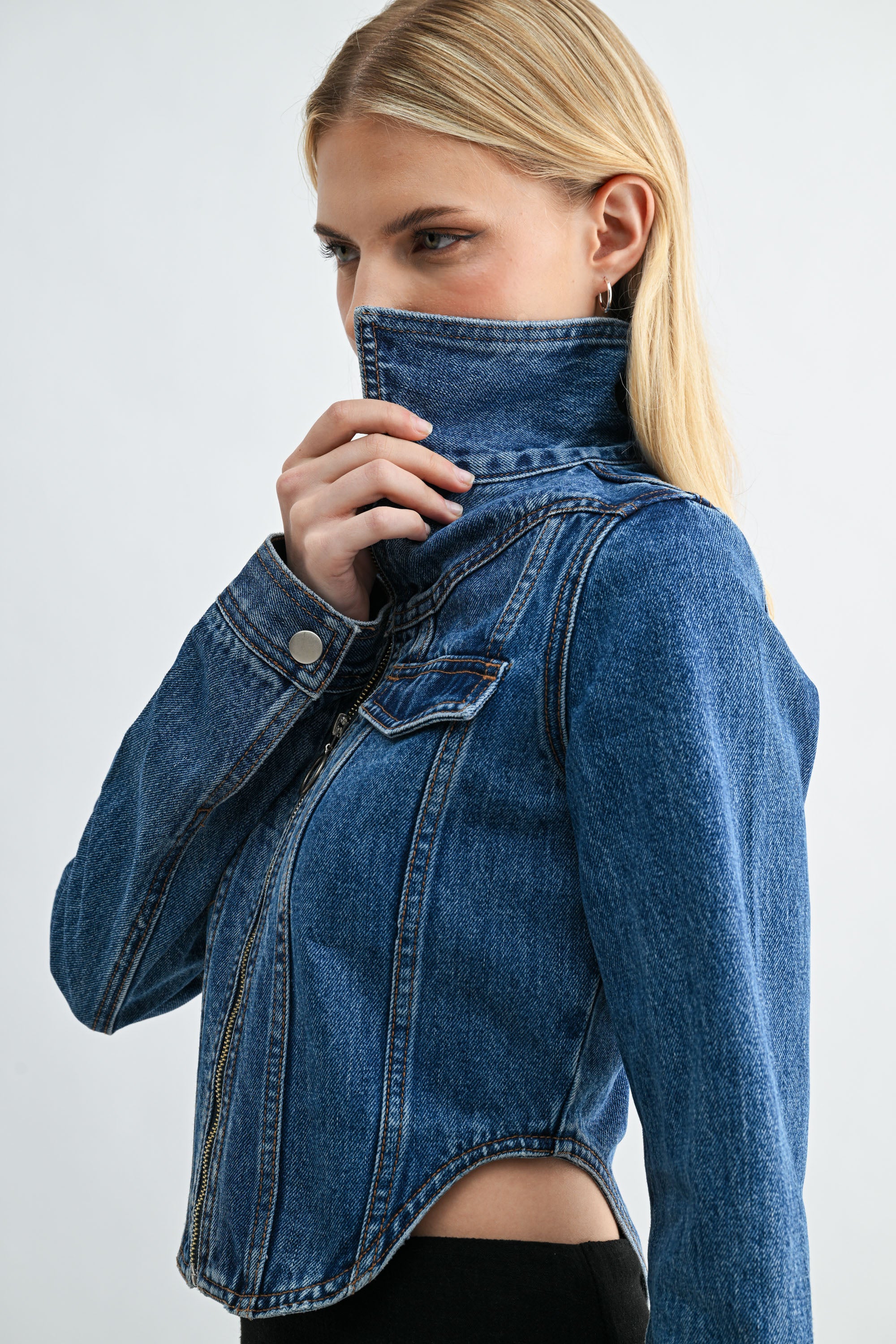 The Kylie Cropped Dark Wash Denim Zip-Front Jacket