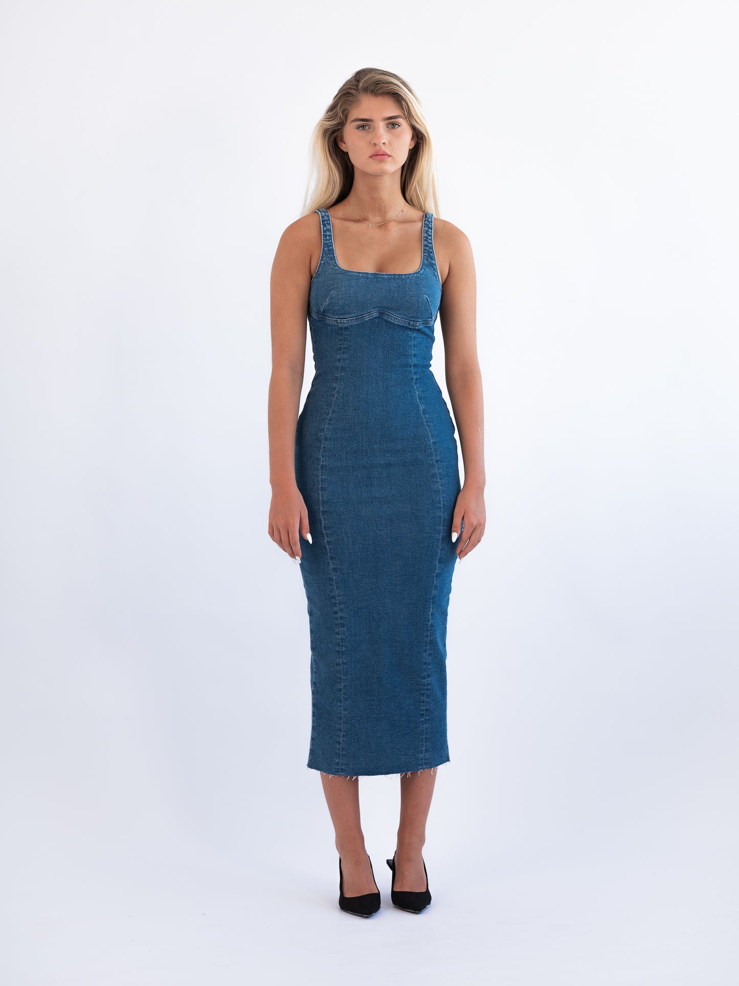 Midi Denim Stretch Tank Dress With Seaming Detail